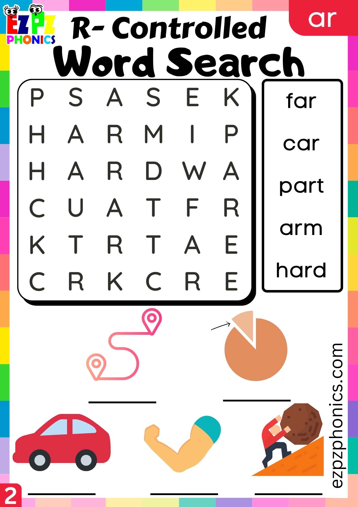 Word search activity for ar words R controlled vowels phonics group 2